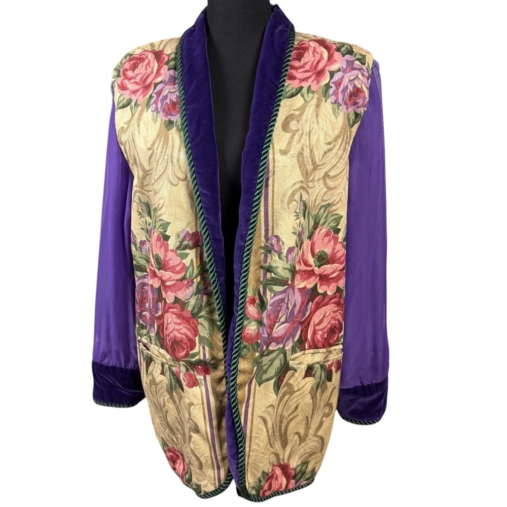 Vintage 90s Handmade Reversible Tapestry Jacket Velvet Sheer Whimsigoth L